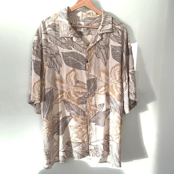ZARA Linen Blend Leaf Printed Short Sleeve Shirt NWOT - Picture 9 of 10